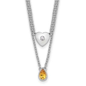 925 Sterling Silver RH 18" Diamond Heart & Citrine Teardrop Necklace plus 2" Ext